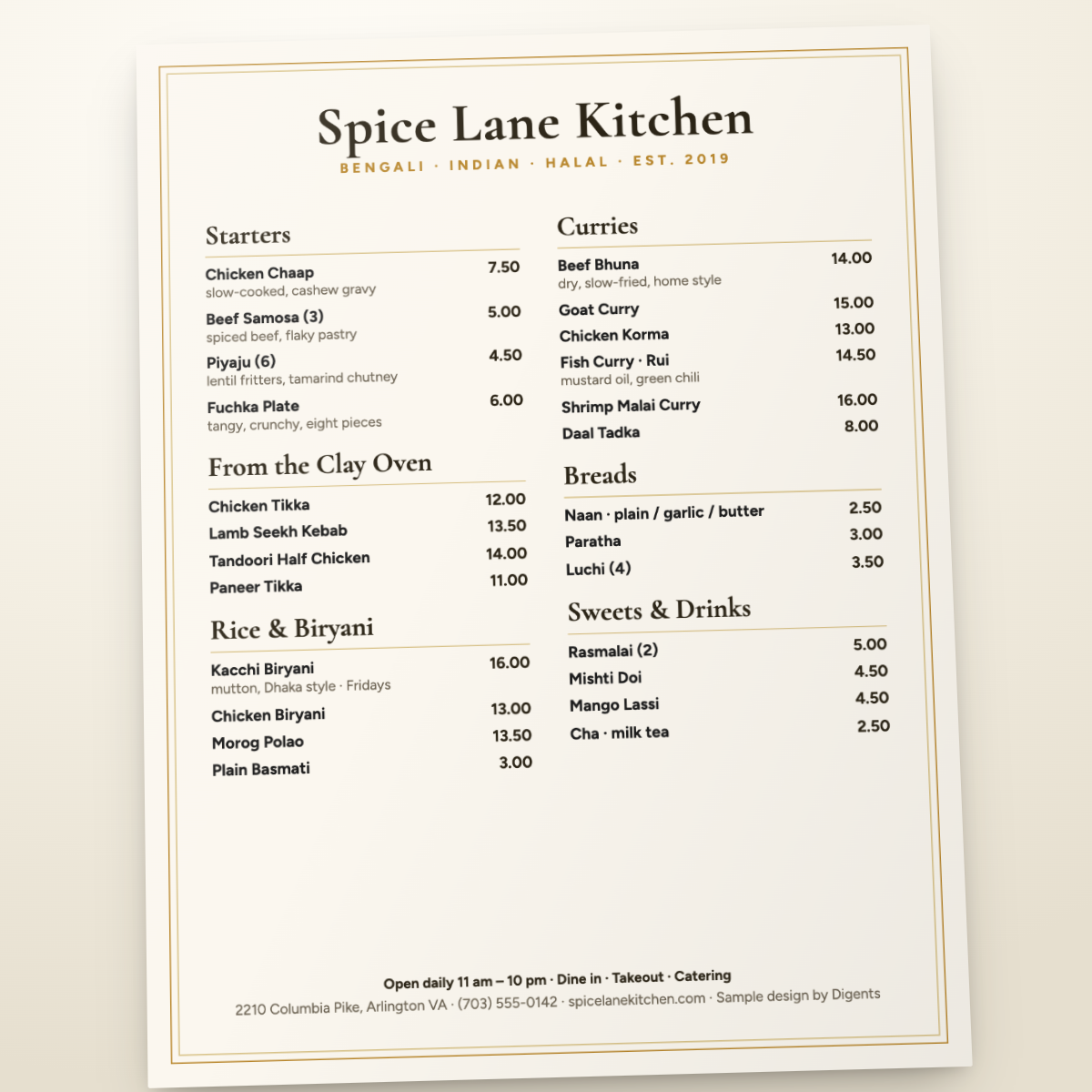 A menu we designed and printed